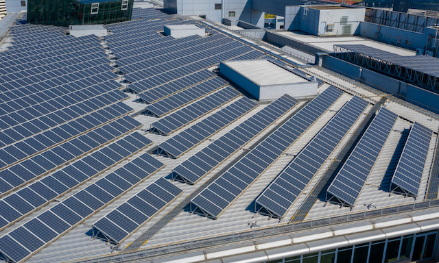 Plusieurs panneaux photovoltaïques installés sur la toiture d
